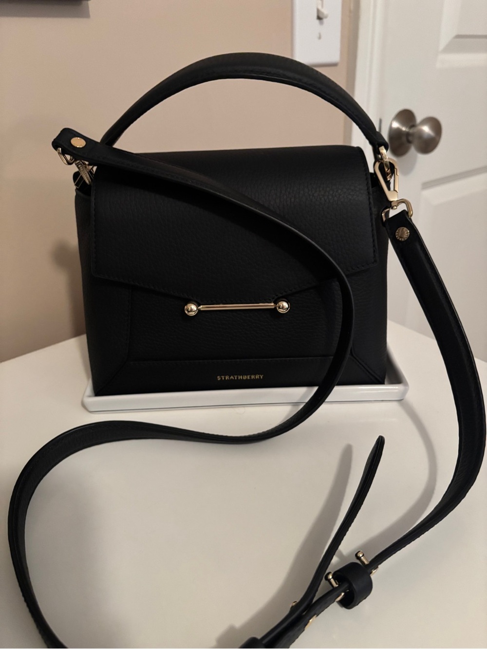 Strathberry Mosaic Black Leather Top Handle Bag  with Gold Hardware & CB Strap